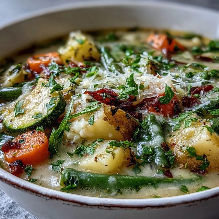 Close-up of vibrant Parmesan Veggie Soup, with chunks of zucchini and celery in a savory broth, topped with melted Parmesan and a side of crusty bread for dipping.