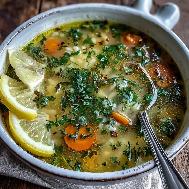 A vibrant, herb-infused Lemon Herb Soup simmering in a pot with fresh parsley and carrots. 