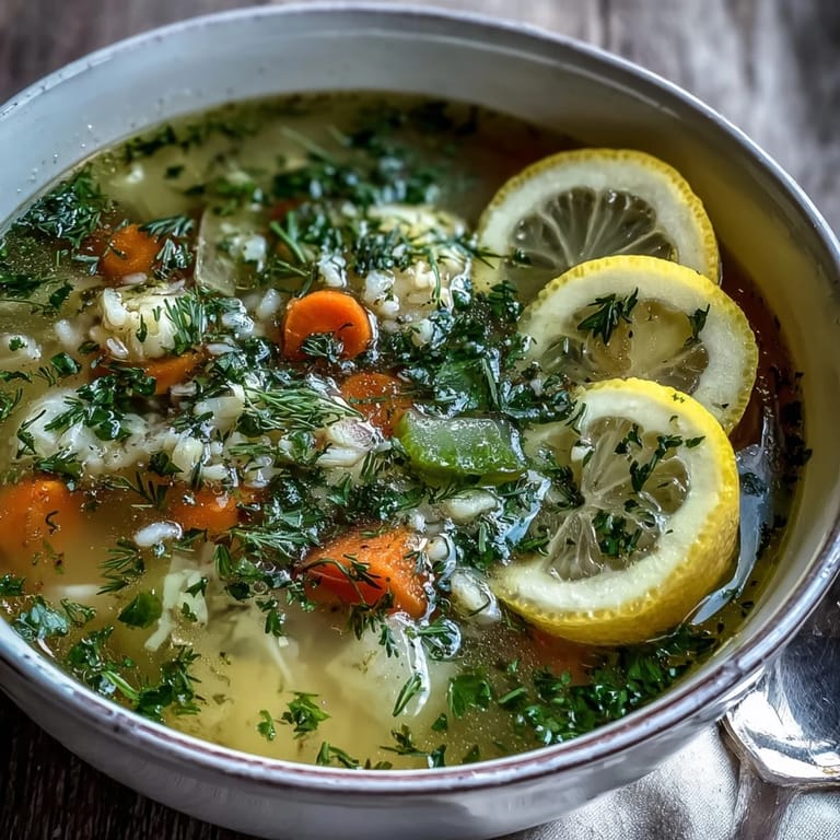Bright, sunny Lemon Herb Soup served in a rustic bowl with crusty bread on the side.