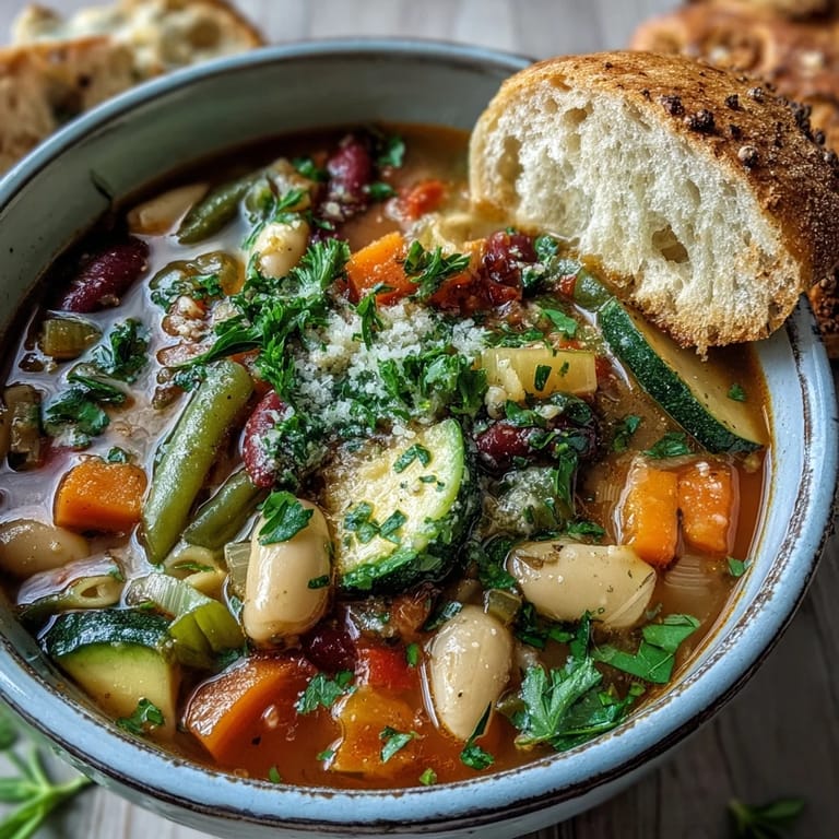 A close-up of a hearty Vegetable Minestrone in a rustic bowl, topped with fresh parsley and grated Parmesan cheese.