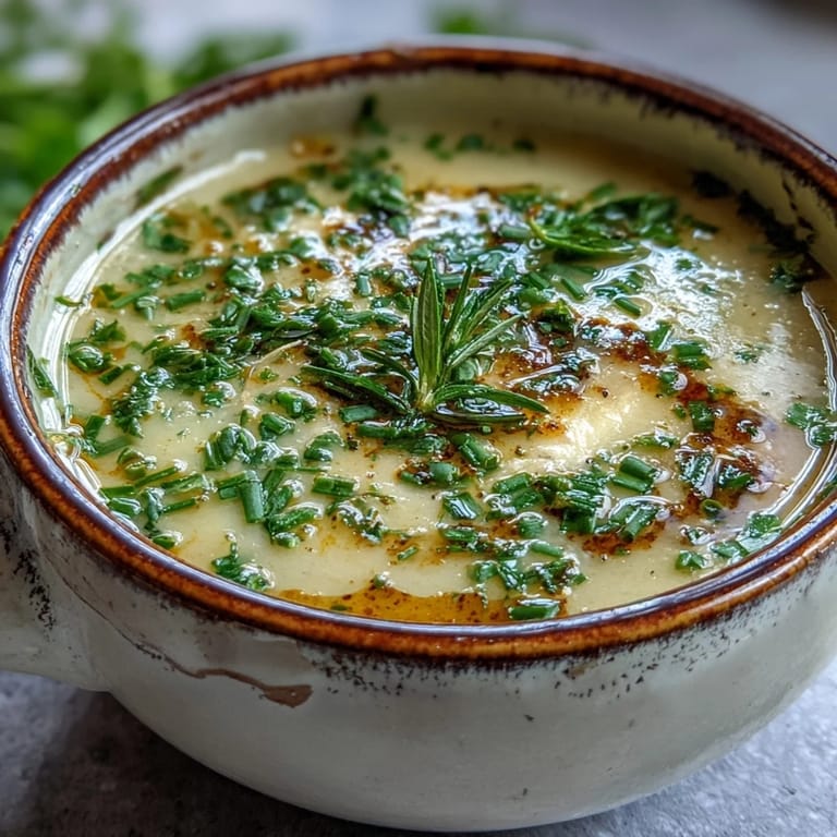 Thick Roasted Garlic and Herb Soup with a smooth golden texture, served hot in a rustic bowl alongside crunchy bread.