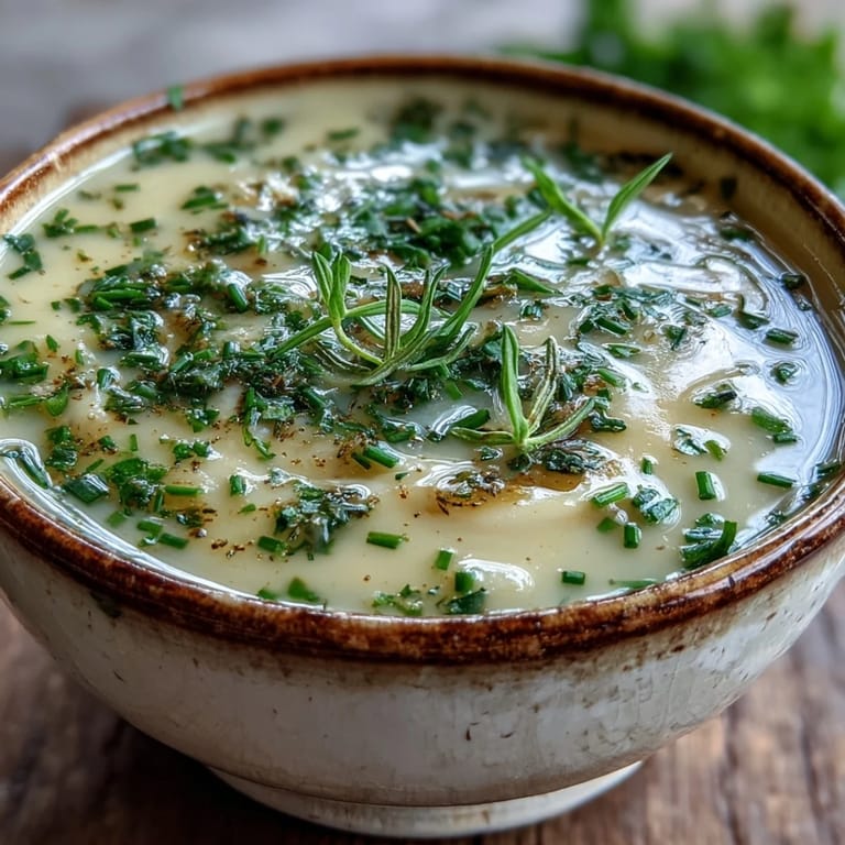 Golden Roasted Garlic and Herb Soup with chopped herbs, steam rising from the velvety vegetable broth in a ceramic bowl.