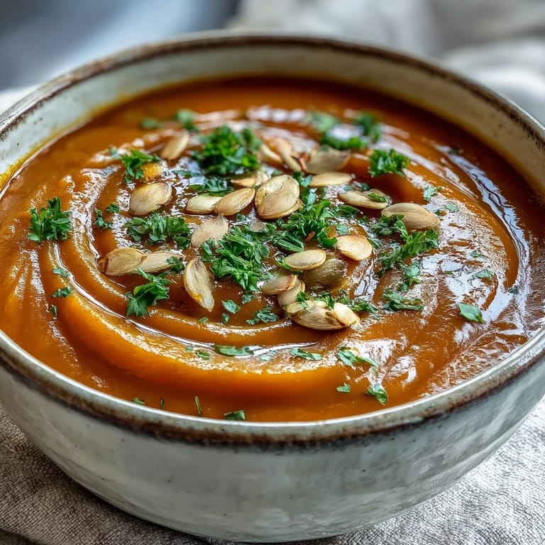 Rich pumpkin soup poured into a rustic bowl, served alongside crusty bread for a comforting vegetarian dinner.
