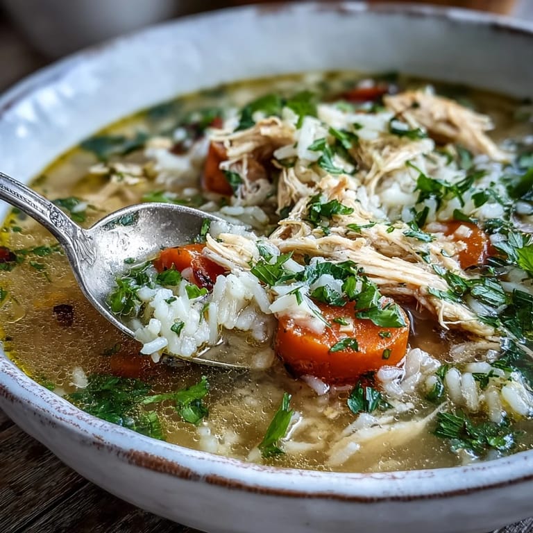 Tender shredded chicken and aromatic vegetables simmer in this Cozy Winter Chicken and Rice Soup, served with crusty bread.