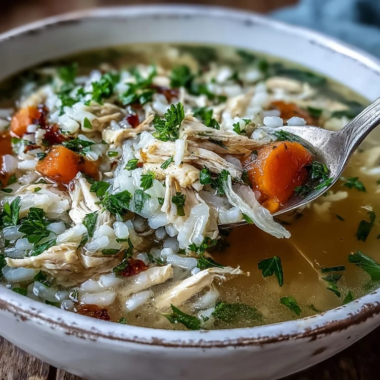 Cozy Winter Chicken and Rice Soup in a rustic bowl, featuring fluffy rice and carrots in a clear golden broth.