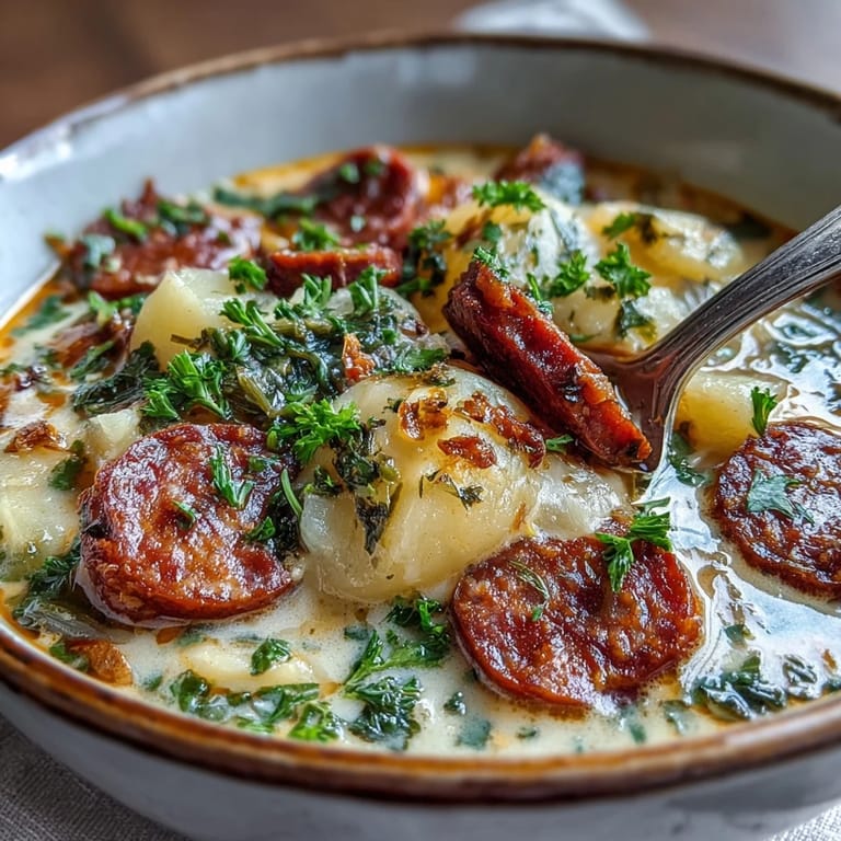 Rustic bowl of potato, leek and chorizo soup topped with crispy chorizo and parsley, ready to enjoy with bread.