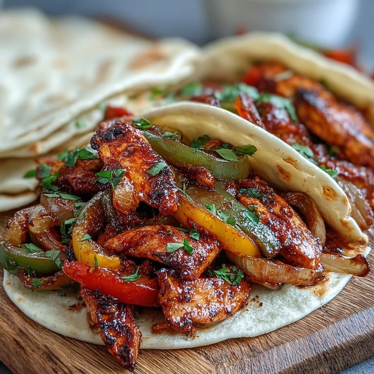 Colorful Easy Chicken Fajitas loaded with tender meat, bright veggies, and fresh cilantro on a plate