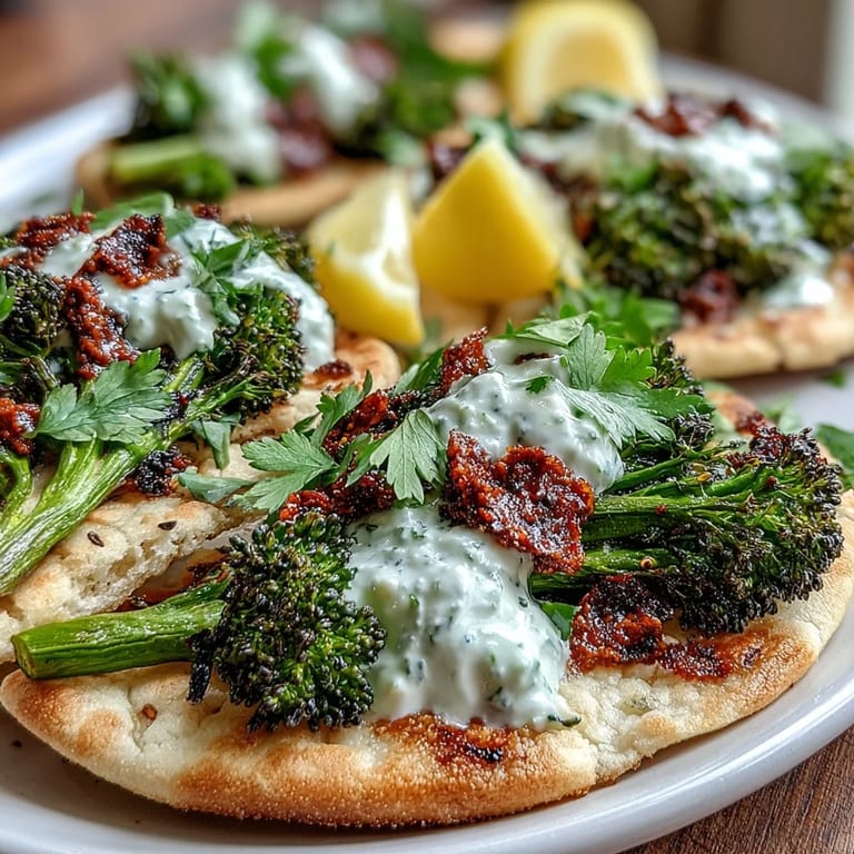 Crispy roasted broccoli florets with harissa on flatbreads, finished with cilantro for a vegetarian dinner.