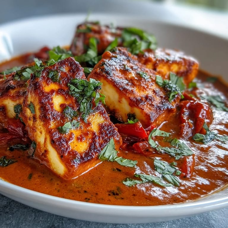 Sizzling halloumi cheese rests in a vibrant orange tomato curry, garnished with cilantro and bright lemon wedges.