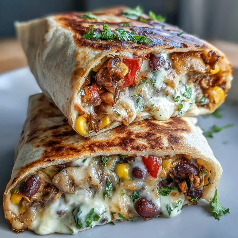 Warm flour tortilla Veggie Burritos stuffed with colorful peppers, corn, and cilantro ready to eat.