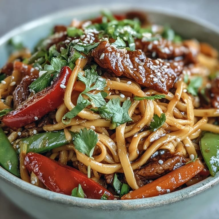 A steaming plate of Pork Noodle Stir-Fry served for dinner with chopsticks and sesame seeds.