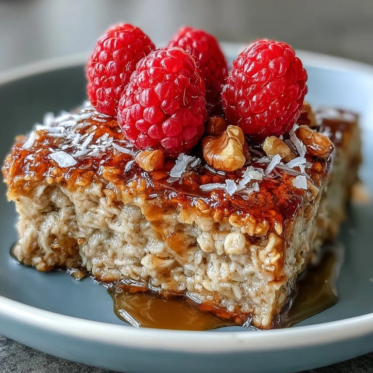 A close-up view shows Baked Oatmeal with Raspberry and Coconut, highlighting toasted coconut flakes and juicy ruby-red raspberries.