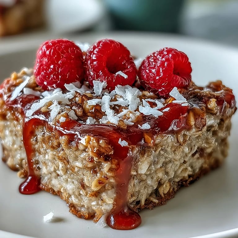 A wooden serving spoon lifts a warm slice of Baked Oatmeal with Raspberry and Coconut, revealing a soft, chewy texture.