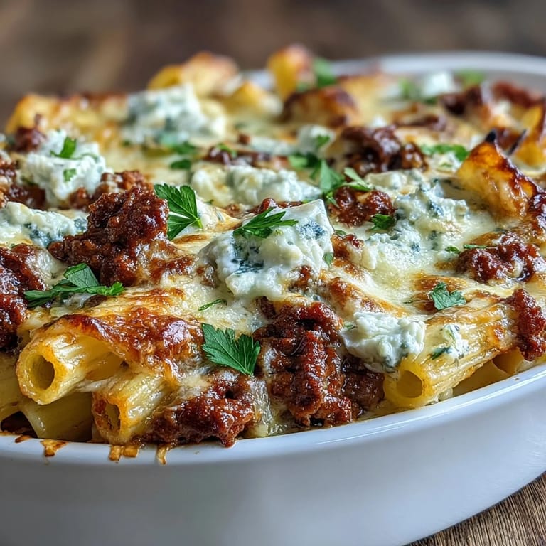 A close-up shows a serving scoop of Cottage Cheese Protein Pasta Bake with Ground Beef, revealing creamy layers and rich sauce.