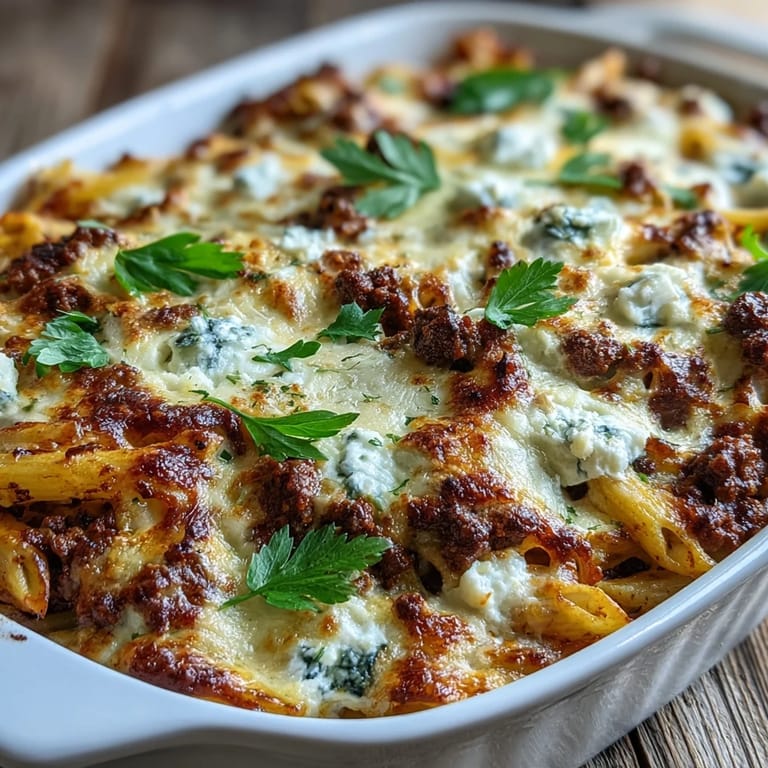 Steam rises from a spoon lifting a cheesy portion of Cottage Cheese Protein Pasta Bake with Ground Beef over a rustic table.