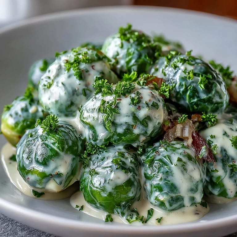 Tender Brussels sprouts in a silky cream cheese mustard sauce, garnished with fresh parsley on a white plate.