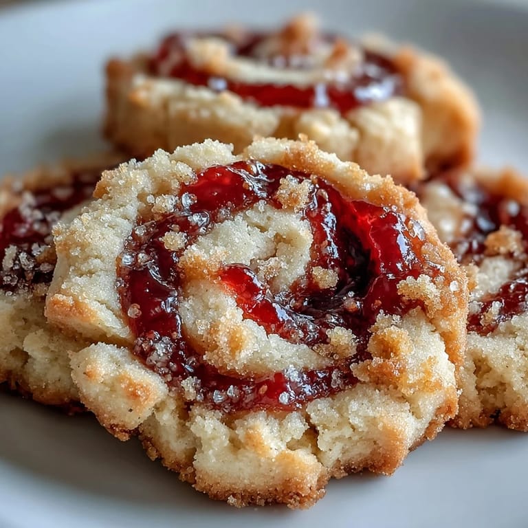 Buttery raspberry swirl shortbread cookies feature crisp edges and glistening red jam centers on parchment paper.