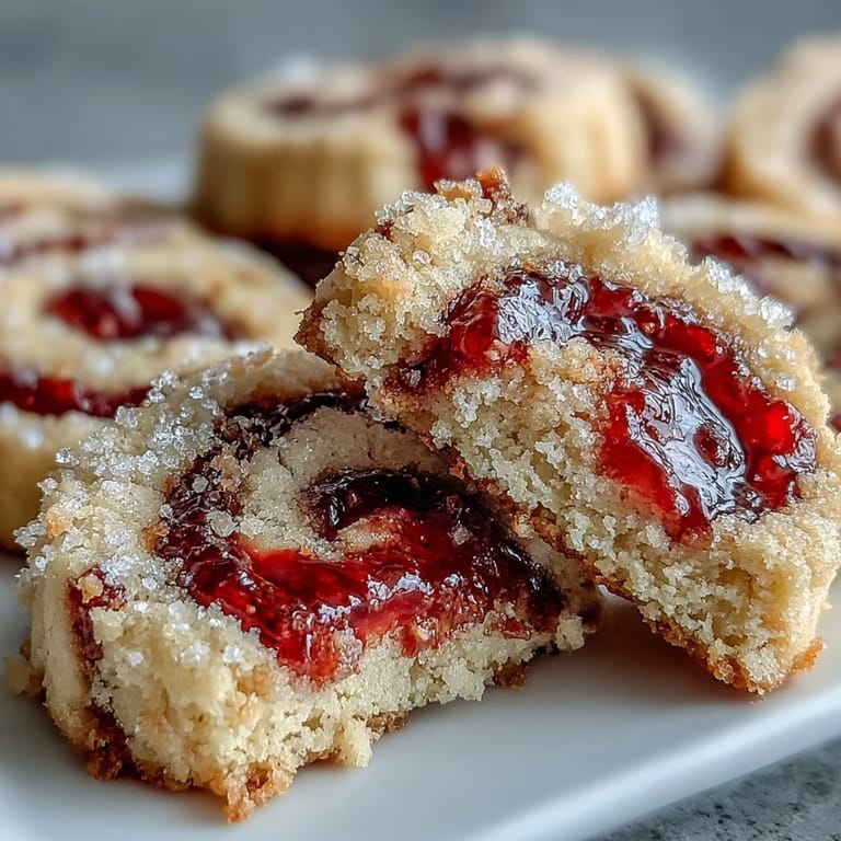 Delicate raspberry swirl shortbread cookies perfect for gifting show golden edges and vibrant red jam centers.