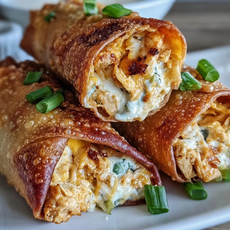 Crispy, deep-fried egg rolls stuffed with shredded chicken, buffalo sauce, and green onions, displayed on a rustic platter for game day.