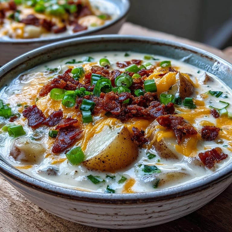 Hearty Loaded Potato Soup in a rustic bowl, garnished with extra sharp cheddar and chives, ready to serve with crusty bread.