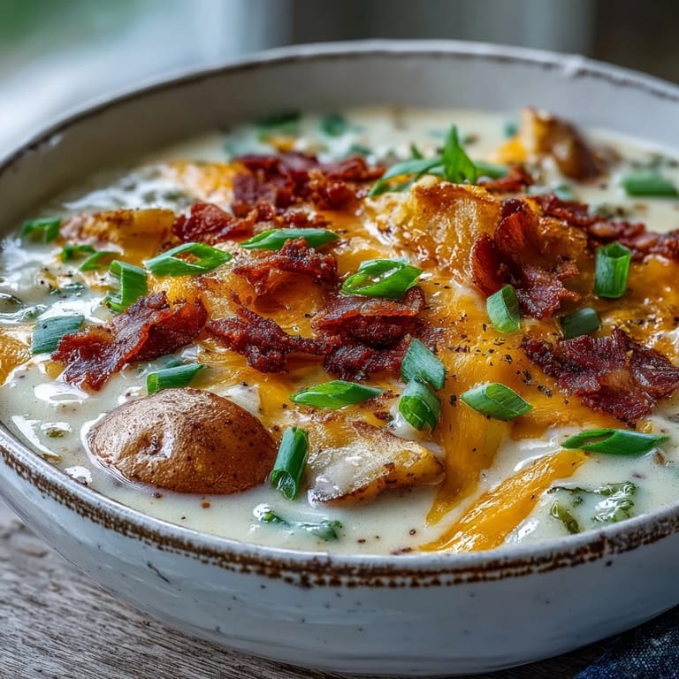 Easy homemade Loaded Potato Soup, velvety smooth with tender potatoes, rich cheese, and smoky bacon bits, ideal for chilly evenings.