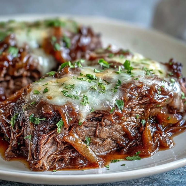 Tender slices of Savory Crock Pot French Onion Pot Roast served over mashed potatoes with rich, wine-infused jus.