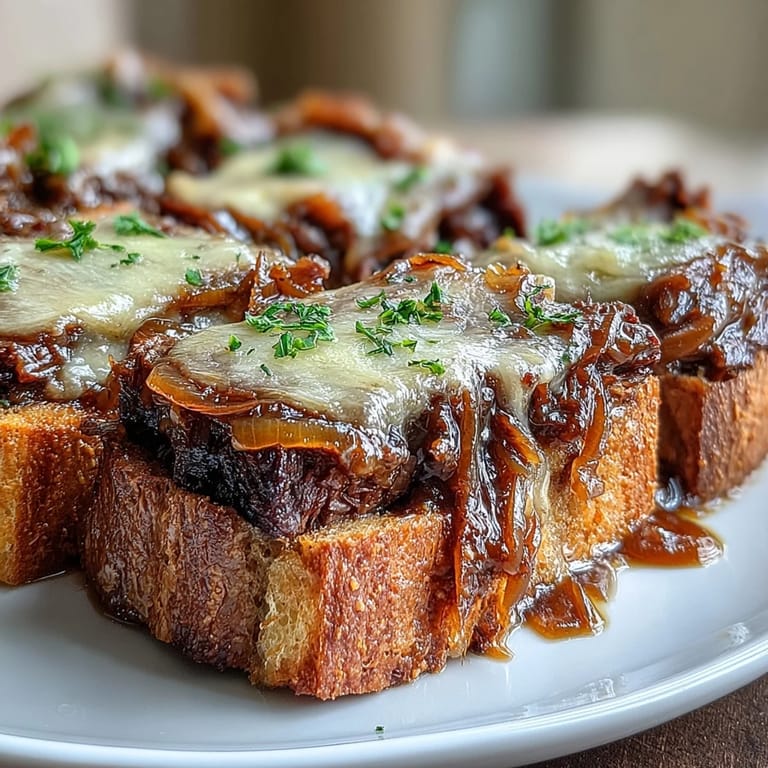 Gooey melted Gruyere atop Savory Crock Pot French Onion Pot Roast, perfect with crusty bread for dipping.