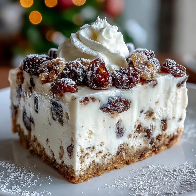 Cut piece of Christmas Cheesecake Slab revealing dried fruit and a crunchy digestive biscuit crust.