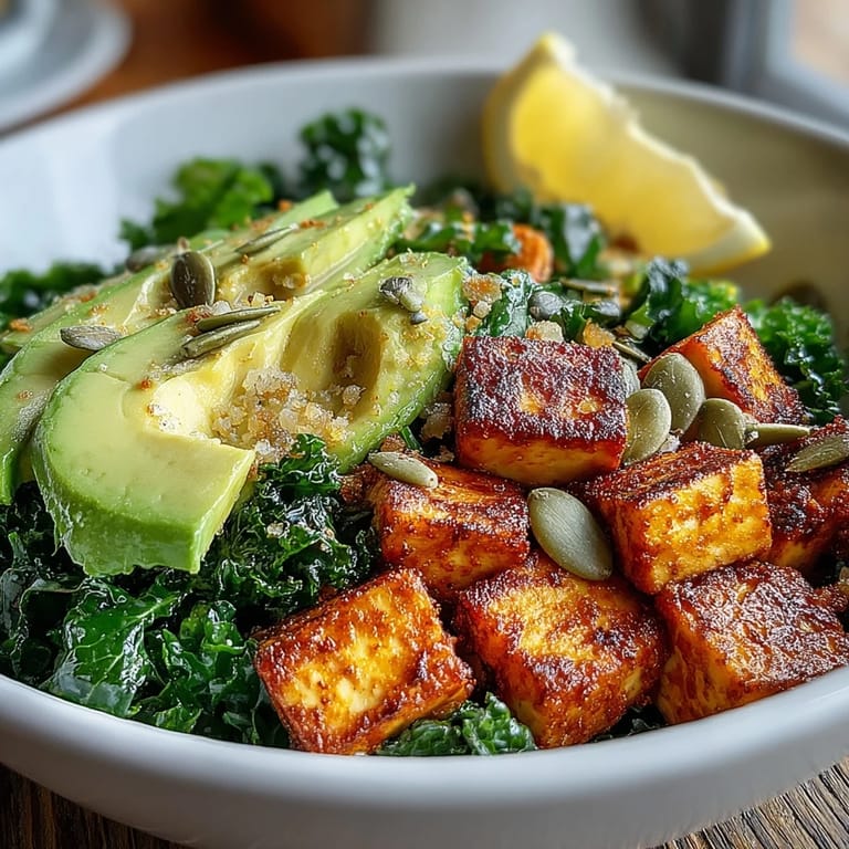 Fresh avocado slices and green onions top this hearty vegan breakfast bowl, served with lemon wedges for squeezing.  