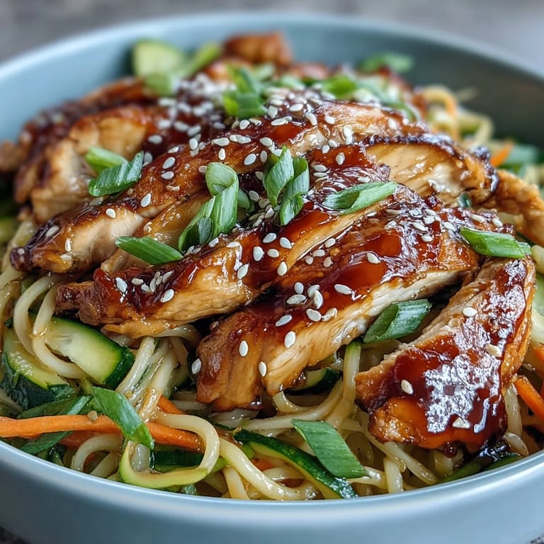 Overhead view of an Asian Chicken Noodle Bowl with tender chicken, crisp bean sprouts, and lime wedges on the side, ready to serve.