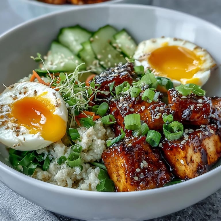 A nourishing Tofu Jammy Egg Breakfast Bowl with jammy halved eggs, seasoned tofu, baby spinach, and sesame seeds, perfect for an easy, healthy vegetarian breakfast.