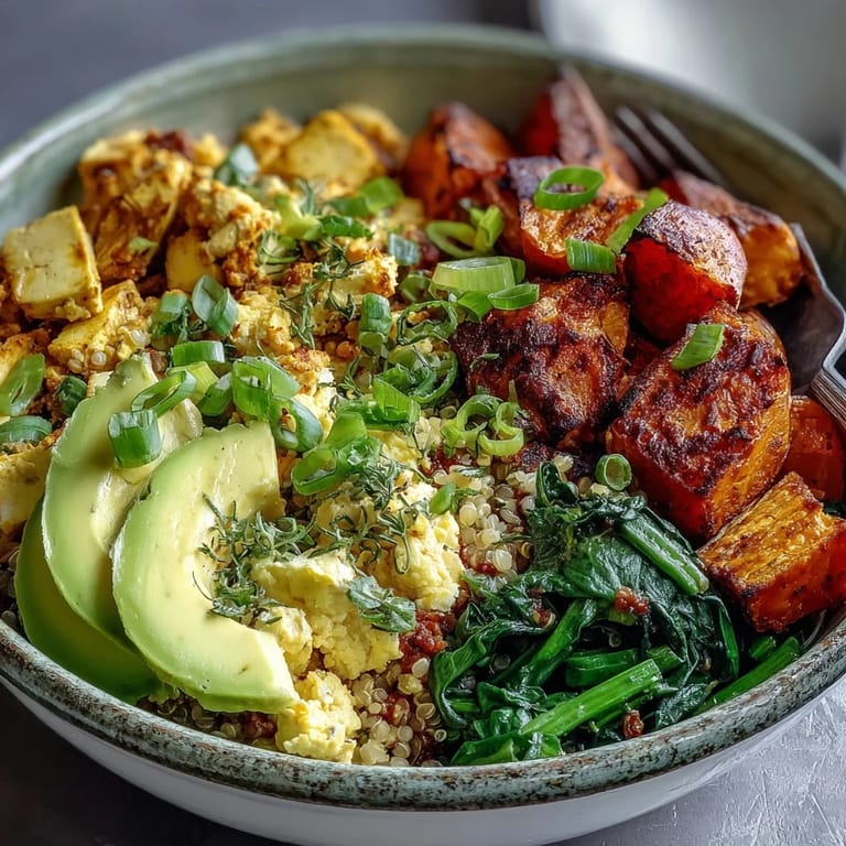 A nourishing bowl of Tofu Scramble Vegan Breakfast Bowl featuring sautéed spinach, sweet potatoes, and creamy avocado.