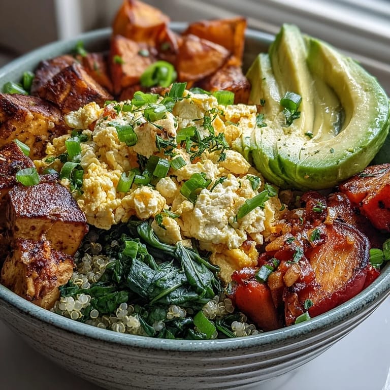 Vibrant vegan breakfast bowl with seasoned tofu scramble, roasted vegetables, fluffy quinoa, and fresh green onion garnish.