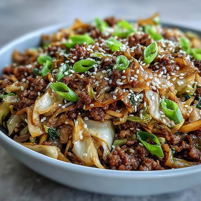 A savory skillet of ground turkey, cabbage slaw, and ginger highlights the fresh crunch of an easy Egg Roll in a Bowl.