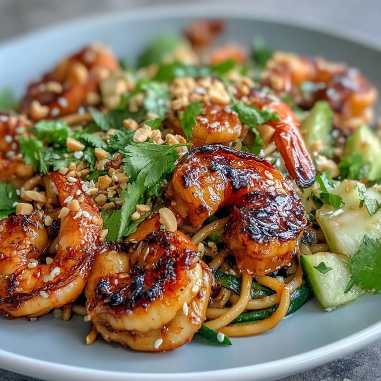 A close-up of Grilled Shrimp Asian Noodle Bowl garnished with peanuts, sprouts, and fresh lime wedges.