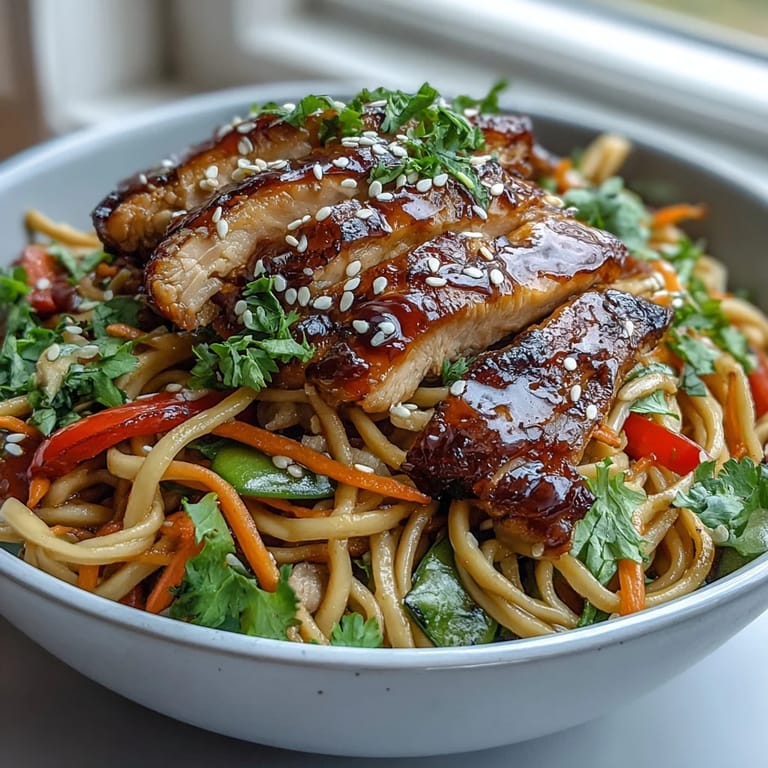 Bright bowl of sesame chicken noodles tossed in a sweet-savory ginger sauce.