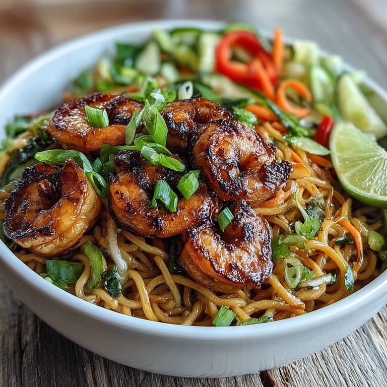Colorful 15-Minute Asian Noodle Bowl features succulent grilled shrimp, julienned carrots, and red bell peppers on sesame noodles.