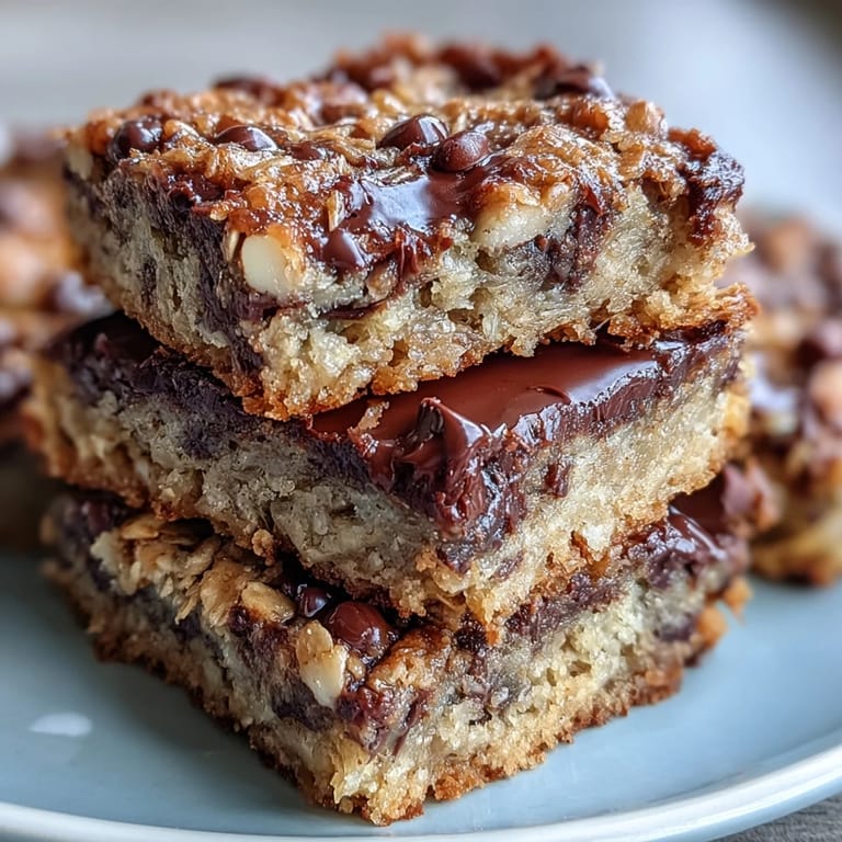 Freshly sliced Baked Oatmeal Bars reveal a soft, chewy texture with mashed banana and a drizzle of maple syrup. 