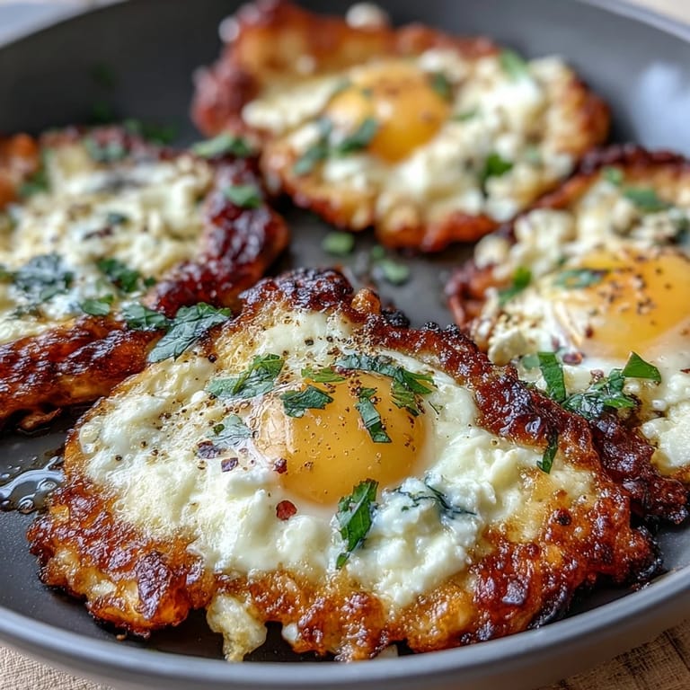 Mediterranean style Crispy Feta Fried Eggs in a pan, garnished with parsley and red pepper flakes for heat.