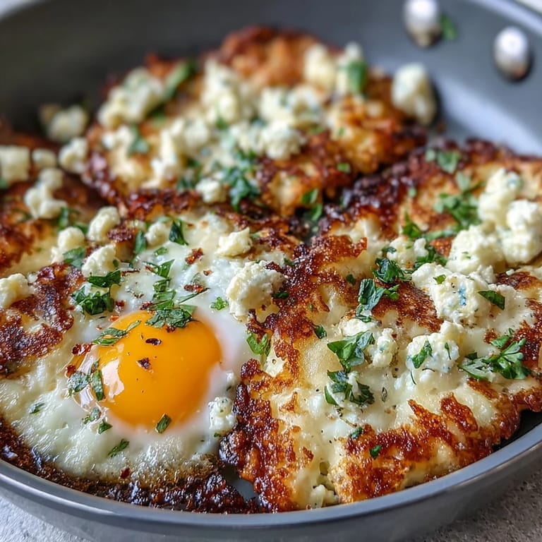 Golden feta nests hold soft sunny side up Crispy Feta Fried Eggs on rustic bread with herbs.