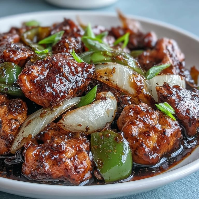 Wok-seared Black Pepper Chicken with onions and garlic, showcasing a savory, bold weeknight dinner option.