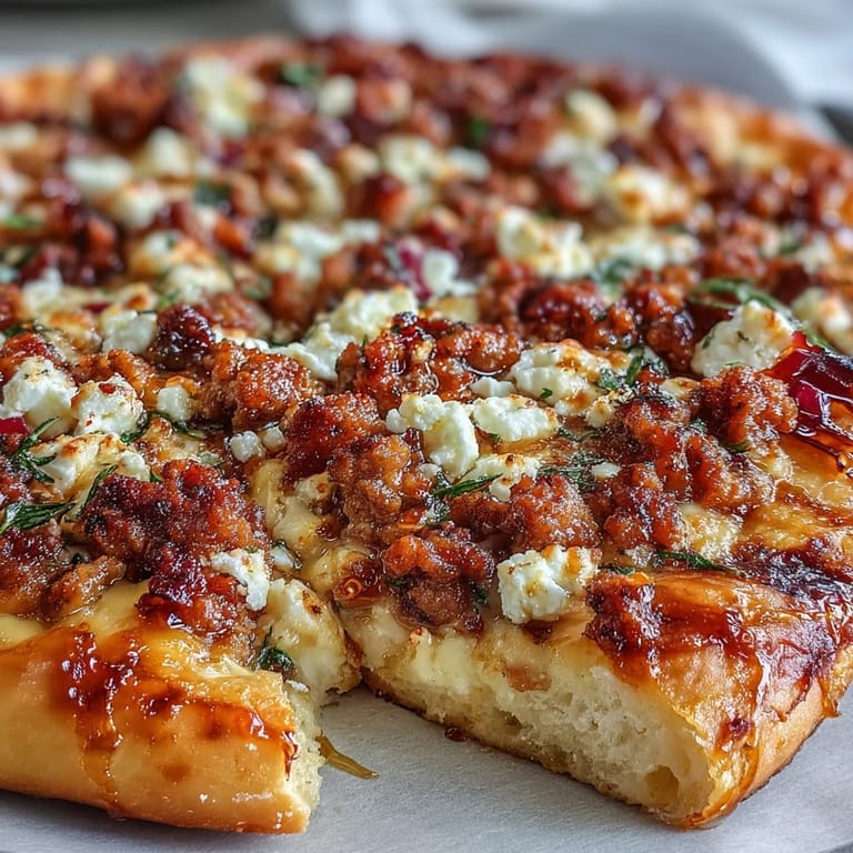 Freshly baked Hot Sausage Feta Honey Pizza on a wooden cutting board, ready to be sliced with a drizzle of spicy honey and red pepper flakes.