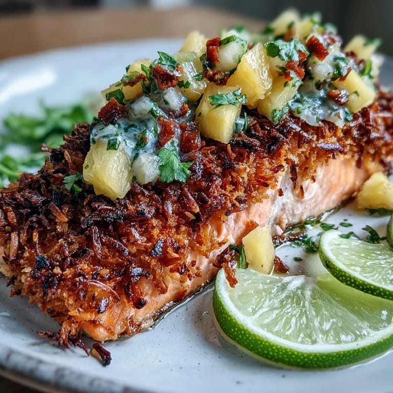 Pan-seared Coconut Crusted Salmon fillet with crispy texture, paired with sweet and tangy salsa.