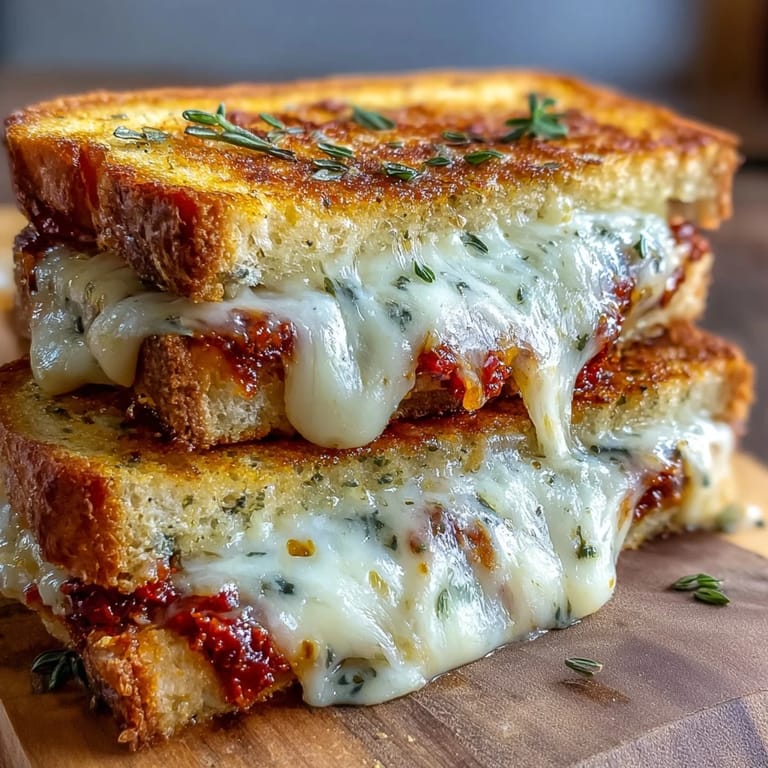 Buttery, toasted Sun-Dried Tomato Pesto Grilled Cheese sliced in half, ready to be dipped in tomato soup.