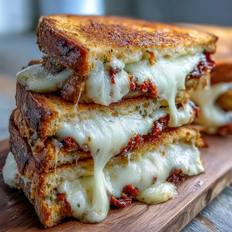 Crispy, golden crust on a homemade Sun-Dried Tomato Pesto Grilled Cheese sandwich served with fresh basil garnish.