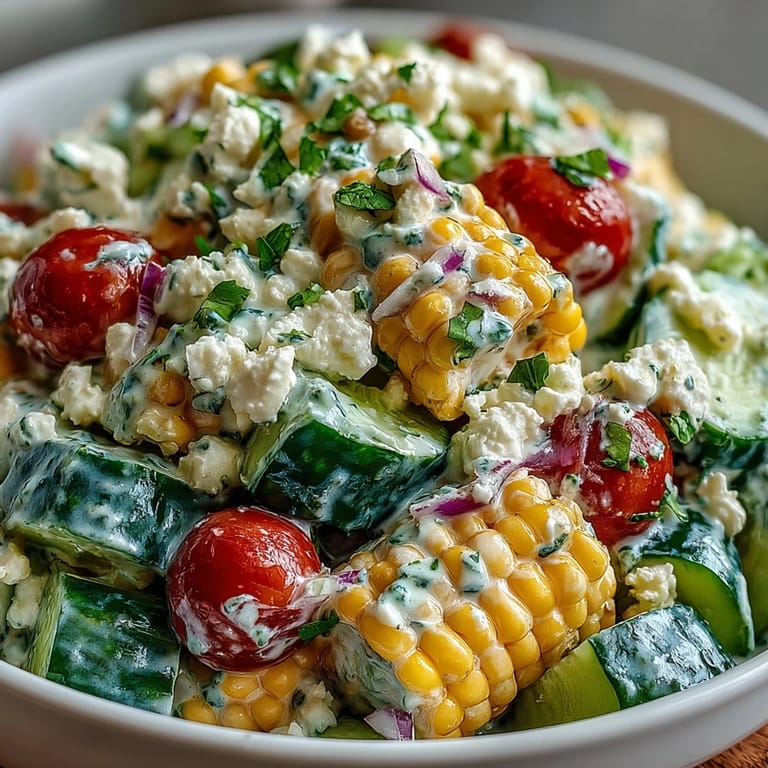 Close-up of Street Corn Creamy Cucumber Salad showing juicy corn, crisp veggies, and crumbled feta cheese.