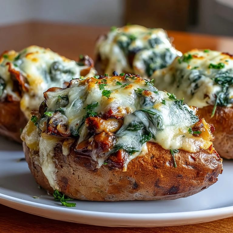 Freshly baked Creamy Mushroom and Spinach Stuffed Sweet Potatoes revealing a rich, savory filling.