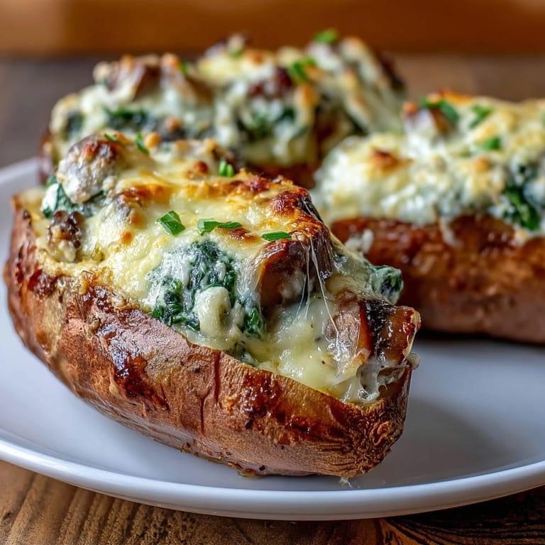 Warm vegetarian Creamy Mushroom and Spinach Stuffed Sweet Potatoes served on a rustic plate.