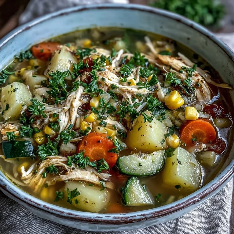Rustic pot of Ranch Chicken Veggie Soup with herbs and shredded chicken, ready to serve with crusty gluten-free bread.