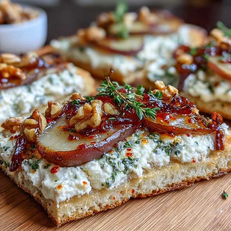 A close-up slice reveals creamy goat cheese and ripe pear layers on the Goat Cheese & Pear Flatbread with Hot Honey.